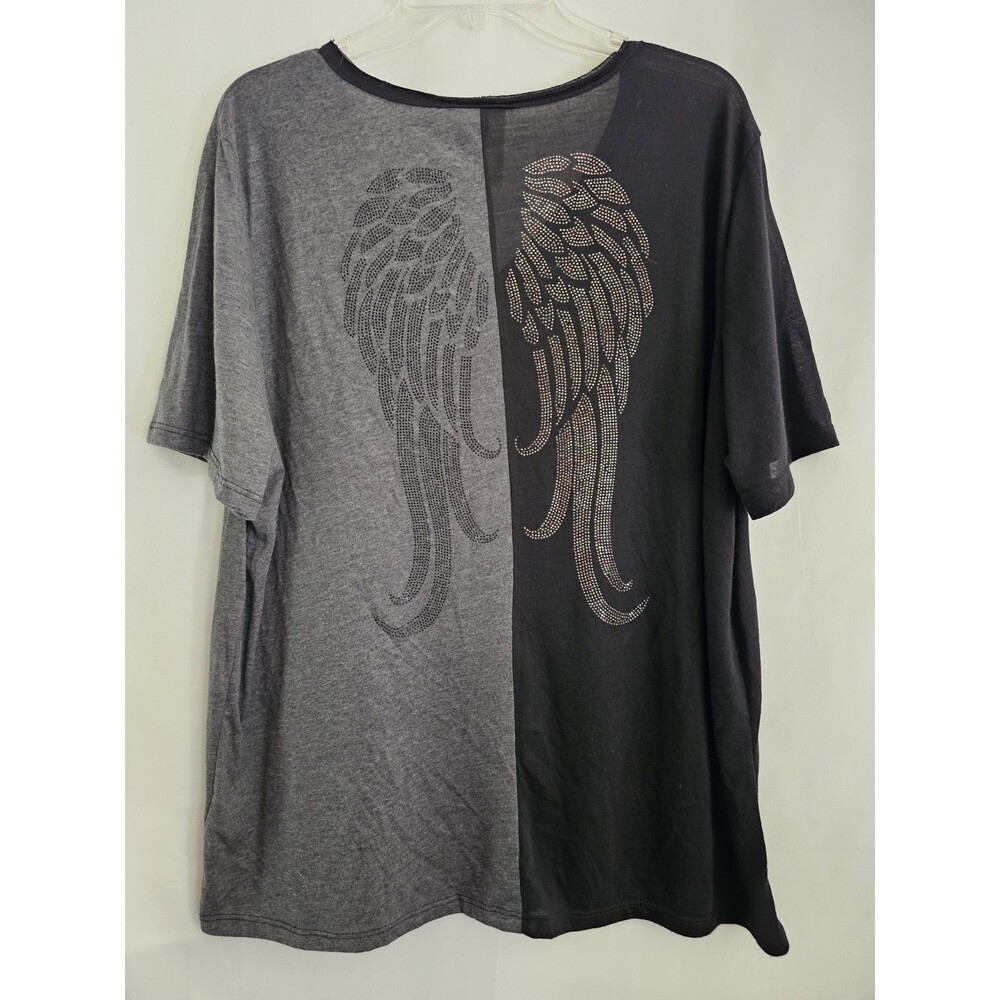 Vocal Size 2XL Black Gray Rhinestone Angel Wings V Neck Top Made USA